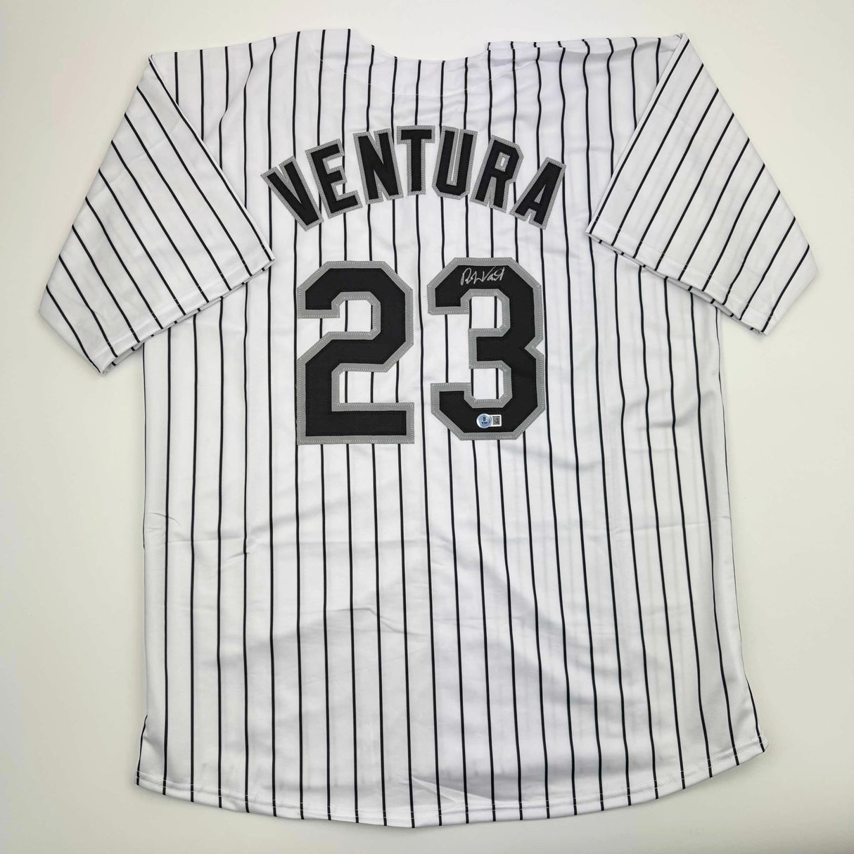 Camiseta de béisbol a rayas de Chicago de Robin Ventura autografiada/firmada Beckett BAS COA