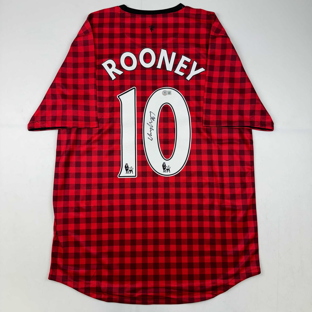 Camiseta de fútbol a cuadros roja del Manchester United autografiada/firmada por Wayne Rooney Beckett BAS COA