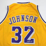 Autographed/Signed Earvin Magic Johnson Los Angeles LA Yellow Basketball Jersey Beckett BAS COA