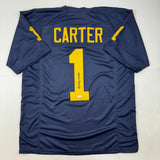 Camiseta de fútbol americano universitario azul de Michigan autografiada/firmada por Anthony Carter (JSA COA)