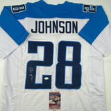 Camiseta de fútbol americano blanca de Tennessee de Chris Johnson autografiada/firmada JSA COA
