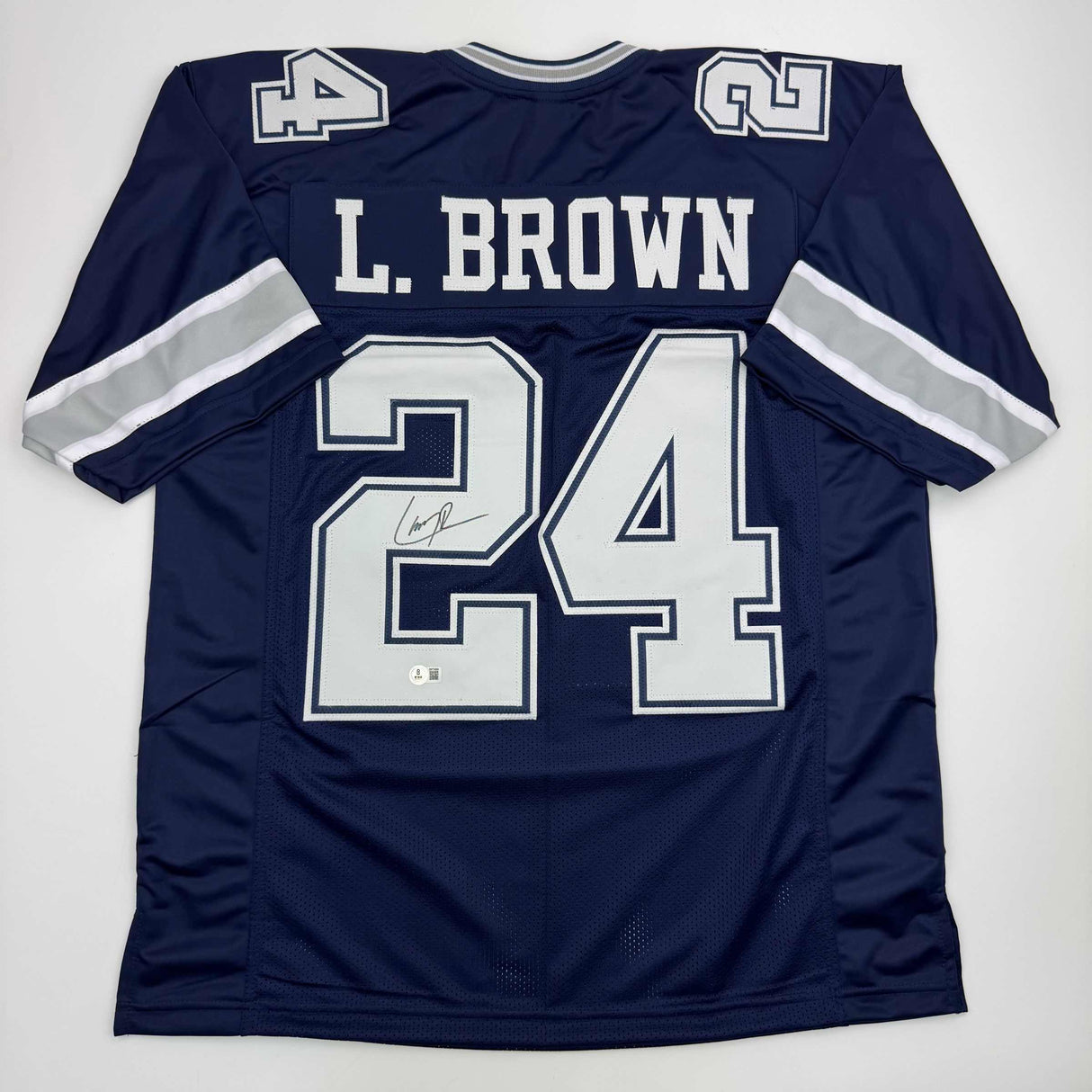 Camiseta de fútbol azul de Dallas de Larry Brown autografiada/firmada Beckett BAS COA