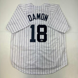 Camiseta de béisbol a rayas de Nueva York autografiada/firmada por Johnny Damon Beckett BAS COA