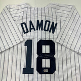 Camiseta de béisbol a rayas de Nueva York autografiada/firmada por Johnny Damon Beckett BAS COA