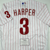 Camiseta de béisbol auténtica de rayas de los Philadelphia Phillies autografiada y firmada por Bryce Harper. Fanáticos y MLB COA.