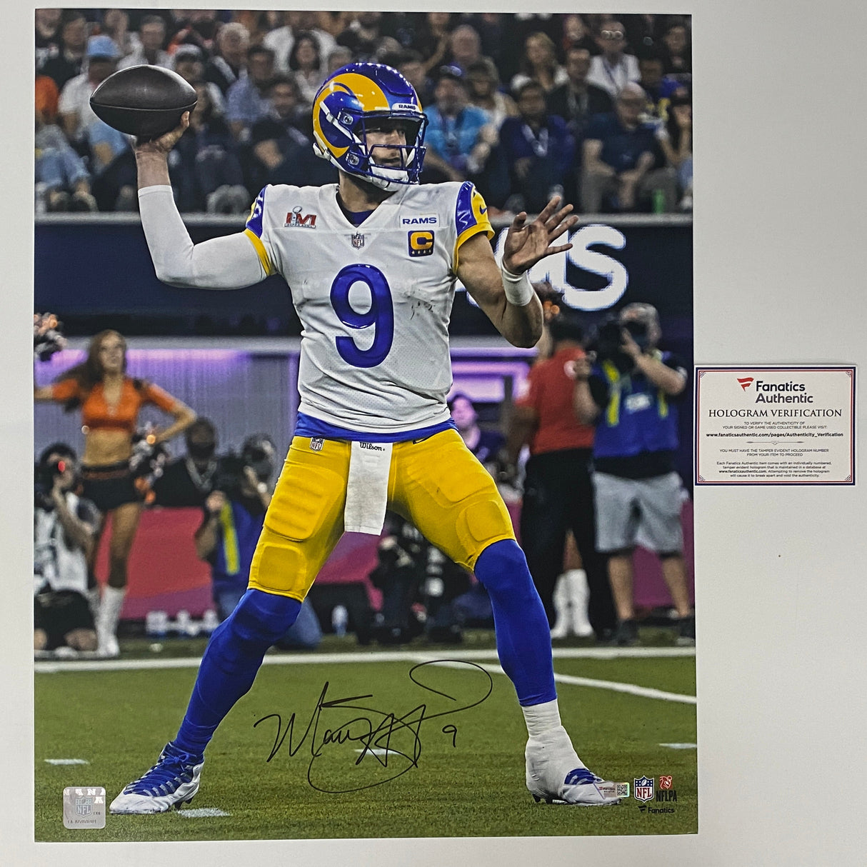 Foto de fútbol autografiada/firmada por Matthew Stafford, Los Ángeles LA Rams, 16 x 20, Fanatics COA