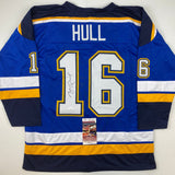 Camiseta de hockey autografiada/firmada por Brett Hull St. Louis con números azules y blancos (JSA COA)
