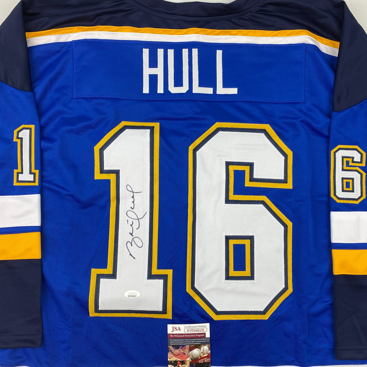 Camiseta de hockey autografiada/firmada por Brett Hull St. Louis con números azules y blancos (JSA COA)