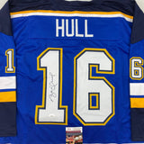 Camiseta de hockey autografiada/firmada por Brett Hull St. Louis con números azules y blancos (JSA COA)