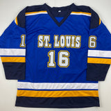 Camiseta de hockey autografiada/firmada por Brett Hull St. Louis con números azules y blancos (JSA COA)