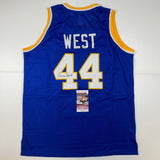 Autographed/Signed Jerry West West Virginia Blue College Basketball Jersey JSA COA
