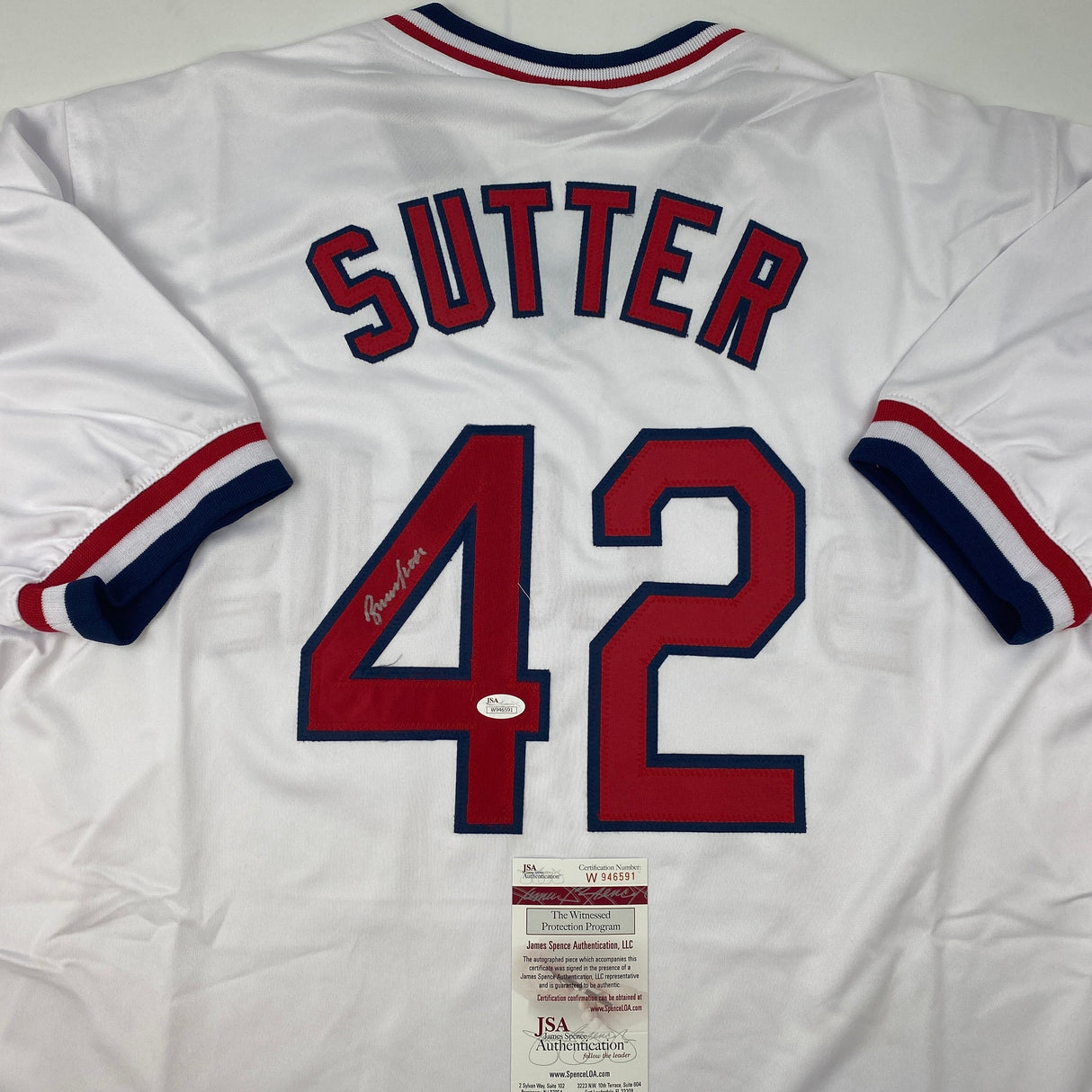 Camiseta de béisbol blanca de Bruce Sutter St. Louis autografiada/firmada JSA COA