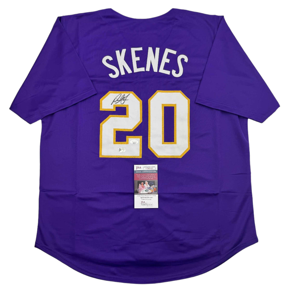 Camiseta de béisbol morada de LSU College autografiada/firmada por Paul Skenes (JSA COA)