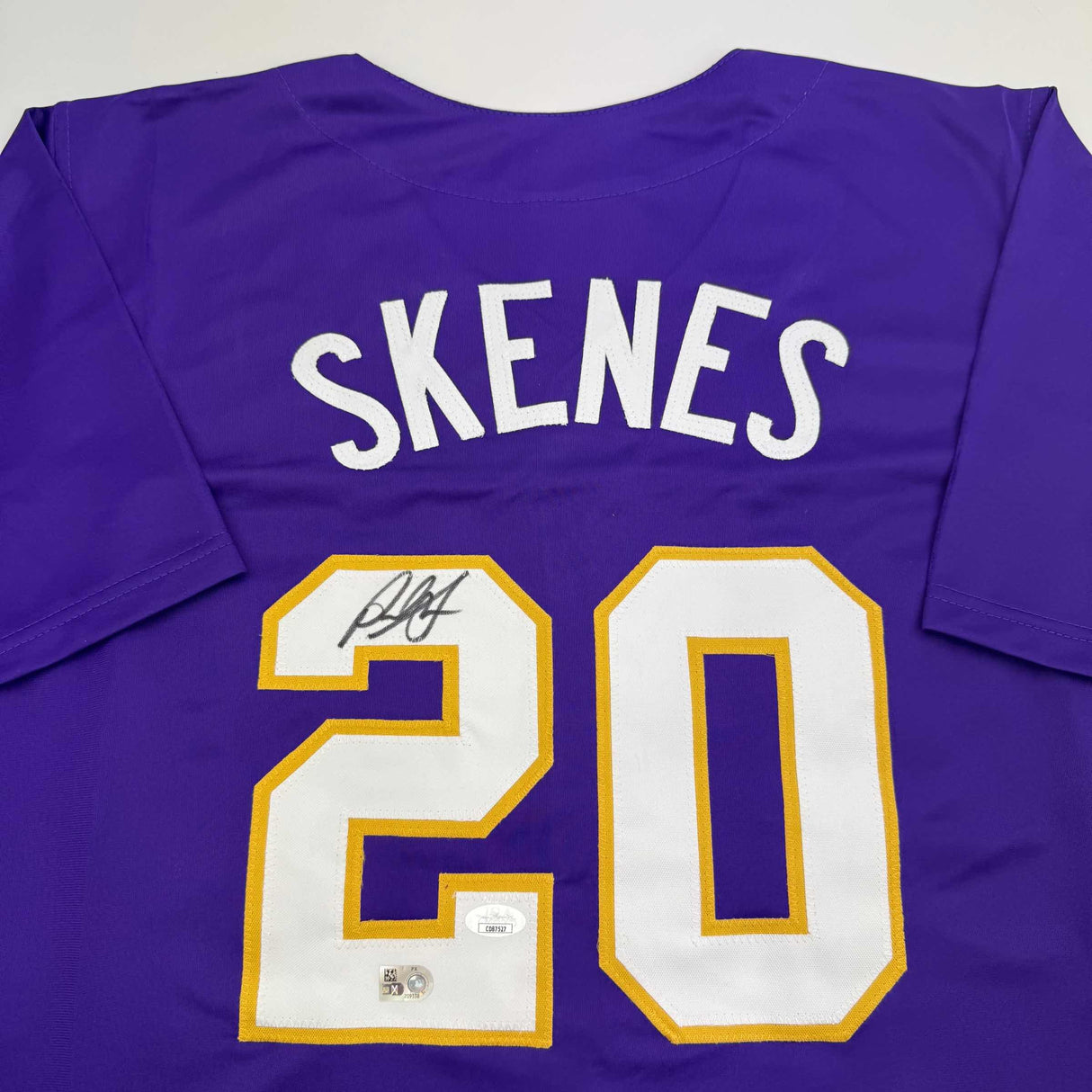Camiseta de béisbol morada de LSU College autografiada/firmada por Paul Skenes (JSA COA)