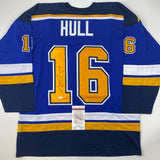 Camiseta de hockey autografiada/firmada por Brett Hull St. Louis con números azules y amarillos (JSA COA)