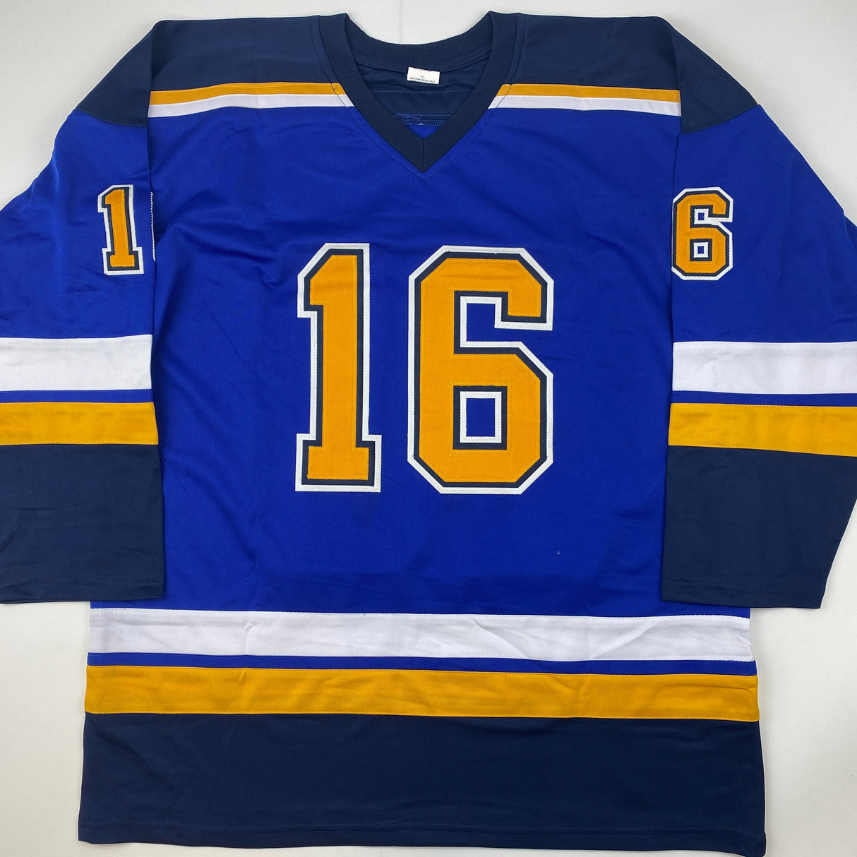 Camiseta de hockey autografiada/firmada por Brett Hull St. Louis con números azules y amarillos (JSA COA)