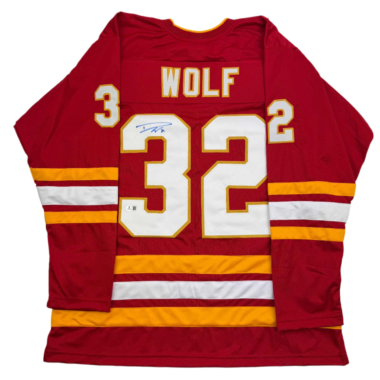 Camiseta de hockey roja de Calgary autografiada/firmada por Dustin Wolf Beckett BAS COA