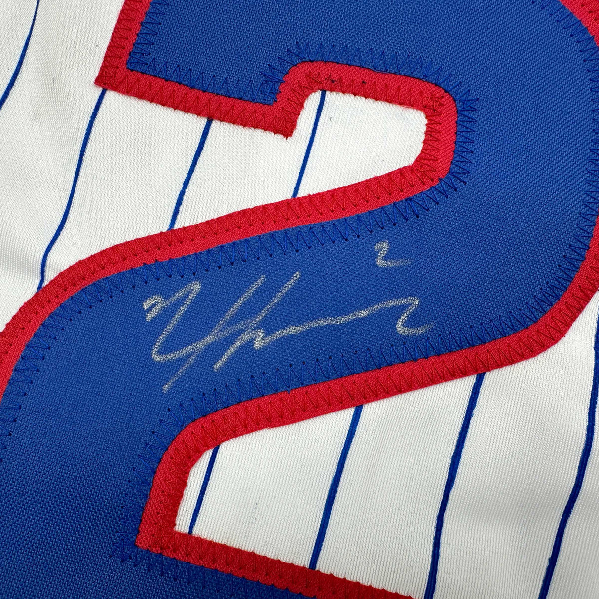 Autographed/Signed Nico Hoerner Chicago Pinstripe Baseball Jersey Beckett BAS COA