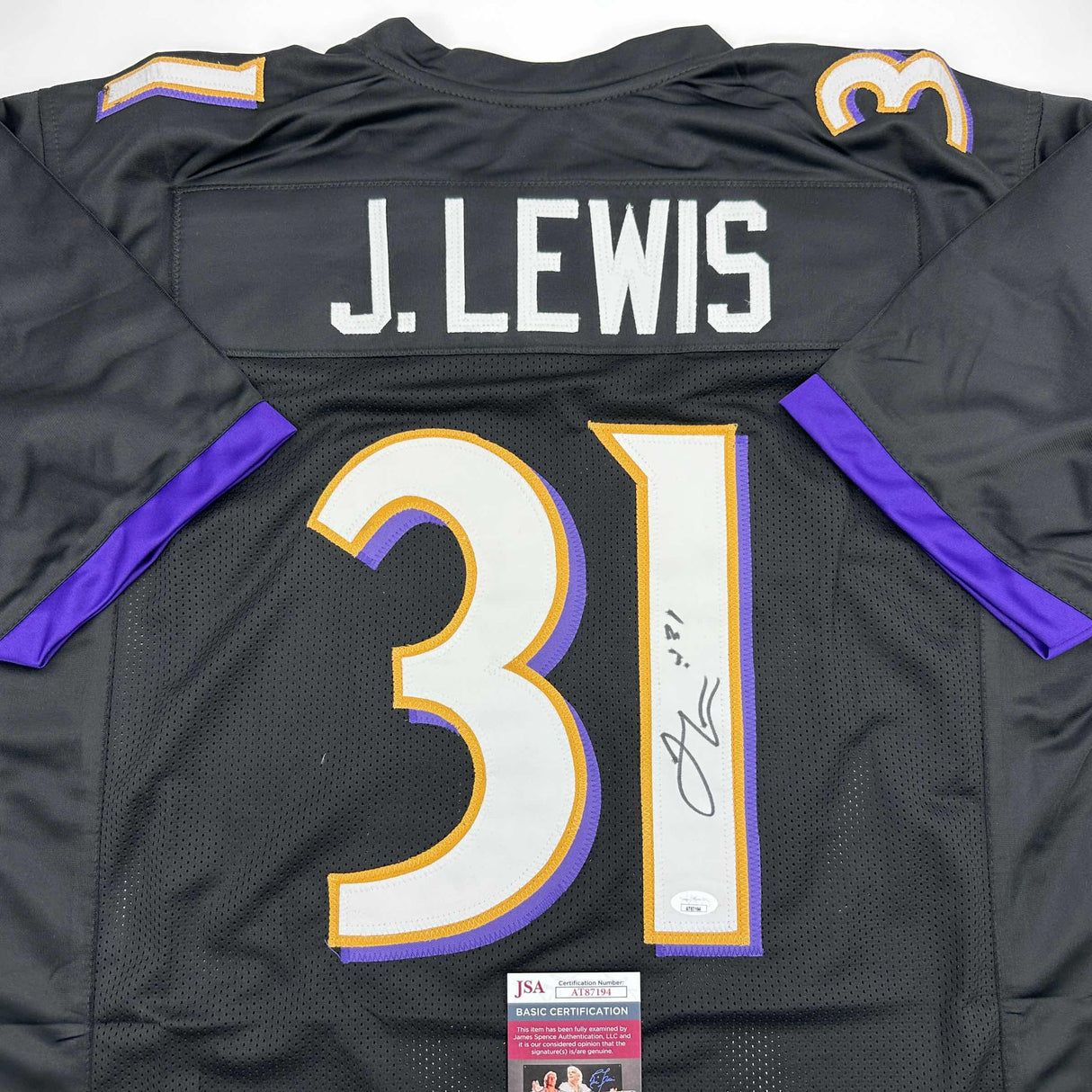 Camiseta de fútbol negra de Baltimore autografiada/firmada por Jamal Lewis (JSA COA)