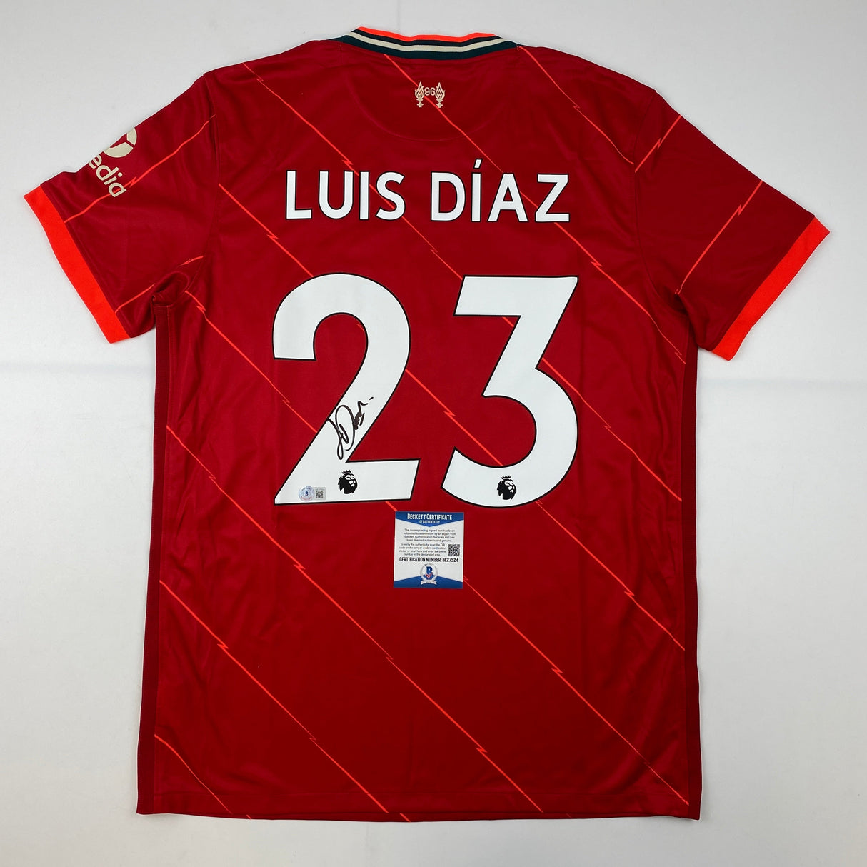 Camiseta de fútbol roja del Liverpool autografiada/firmada por Luis Díaz Beckett BAS COA