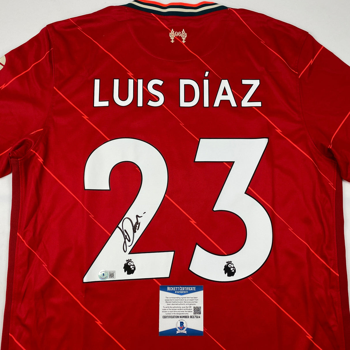 Camiseta de fútbol roja del Liverpool autografiada/firmada por Luis Díaz Beckett BAS COA