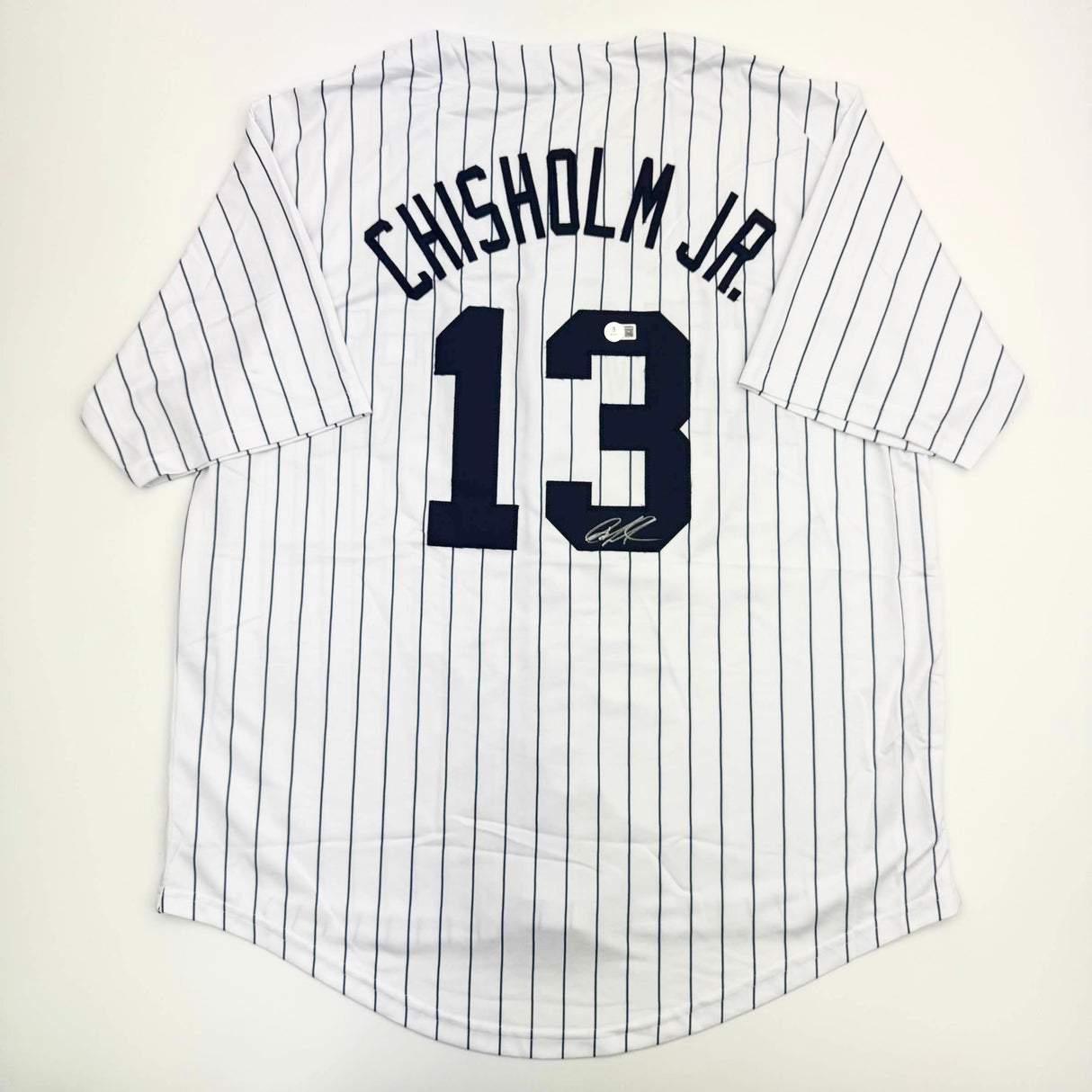 Camiseta de béisbol a rayas de Jazz Chisholm Jr. de Nueva York autografiada y firmada por Beckett BAS COA