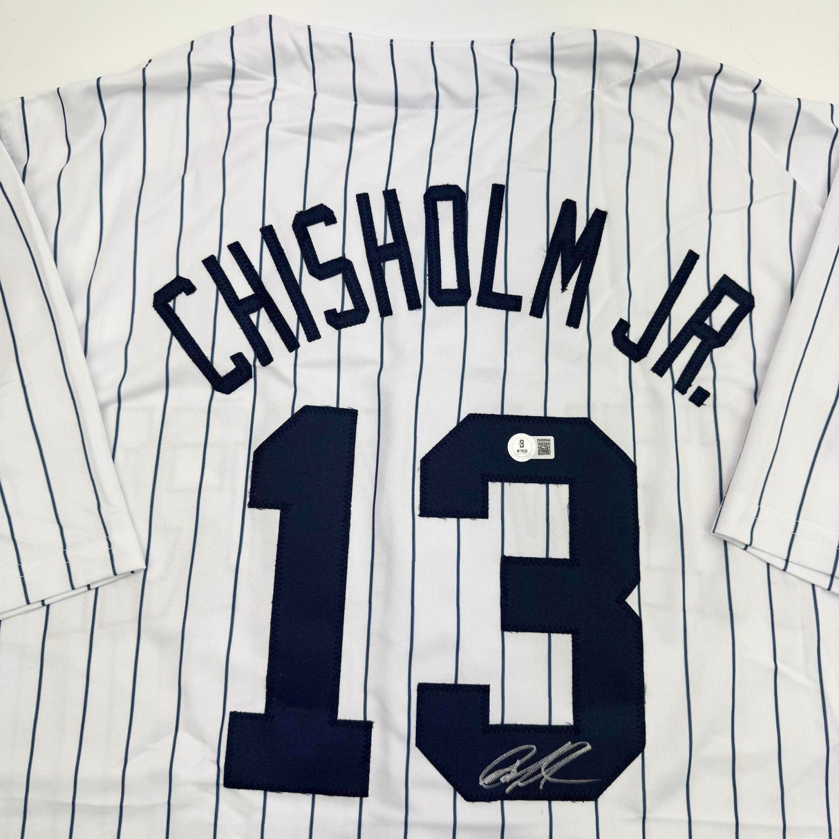 Camiseta de béisbol a rayas de Jazz Chisholm Jr. de Nueva York autografiada y firmada por Beckett BAS COA