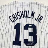 Camiseta de béisbol a rayas de Jazz Chisholm Jr. de Nueva York autografiada y firmada por Beckett BAS COA