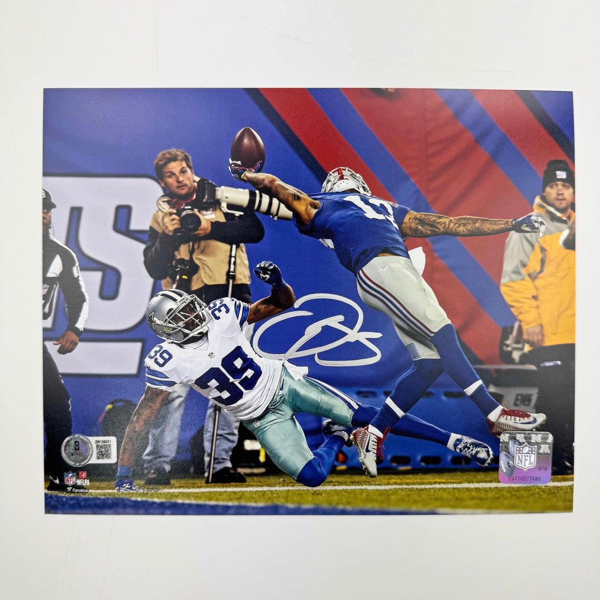 Foto de fútbol americano de 8x10 de los New York Giants, autografiada y firmada por Odell Beckham Jr., The Catch, Beckett BAS COA