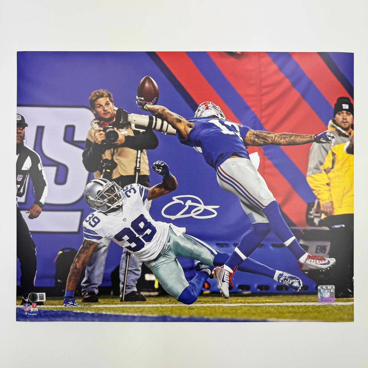 Foto de fútbol americano de 16 x 20 de los New York Giants, autografiada y firmada por Odell Beckham Jr., The Catch, Beckett BAS COA