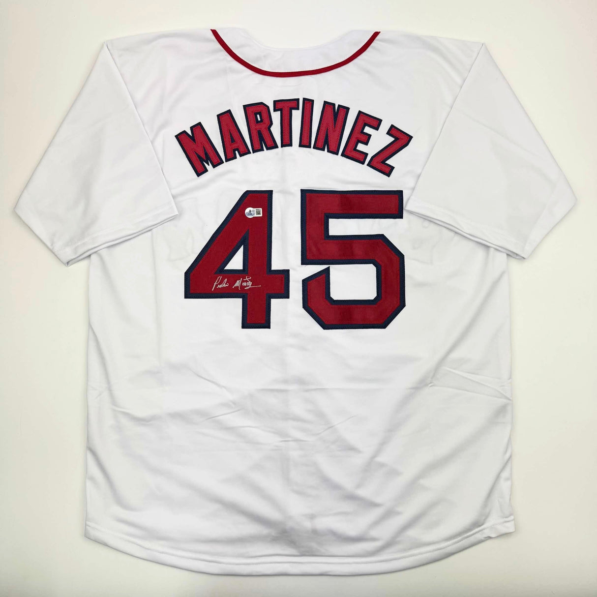 Camiseta de béisbol blanca de Boston autografiada/firmada por Pedro Martínez Beckett BAS COA