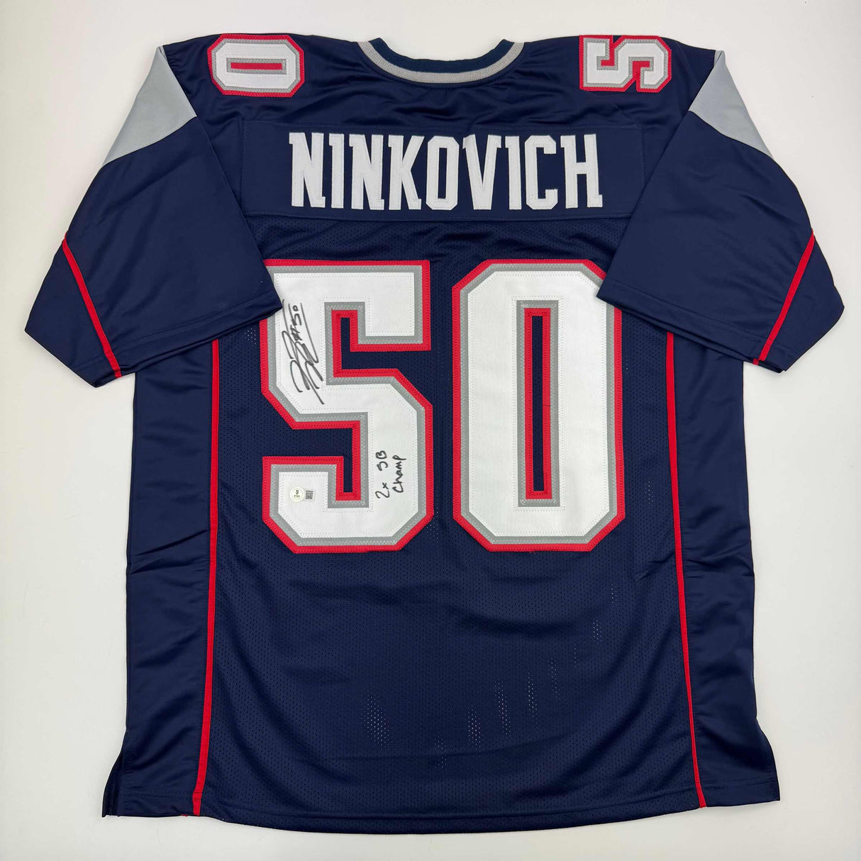 Camiseta de fútbol azul de Nueva Inglaterra autografiada y firmada por Rob Ninkovich "2x SB Champ" Beckett BAS COA