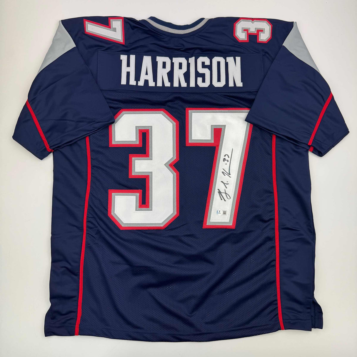 Camiseta de fútbol azul de Nueva Inglaterra autografiada/firmada por Rodney Harrison Beckett BAS COA
