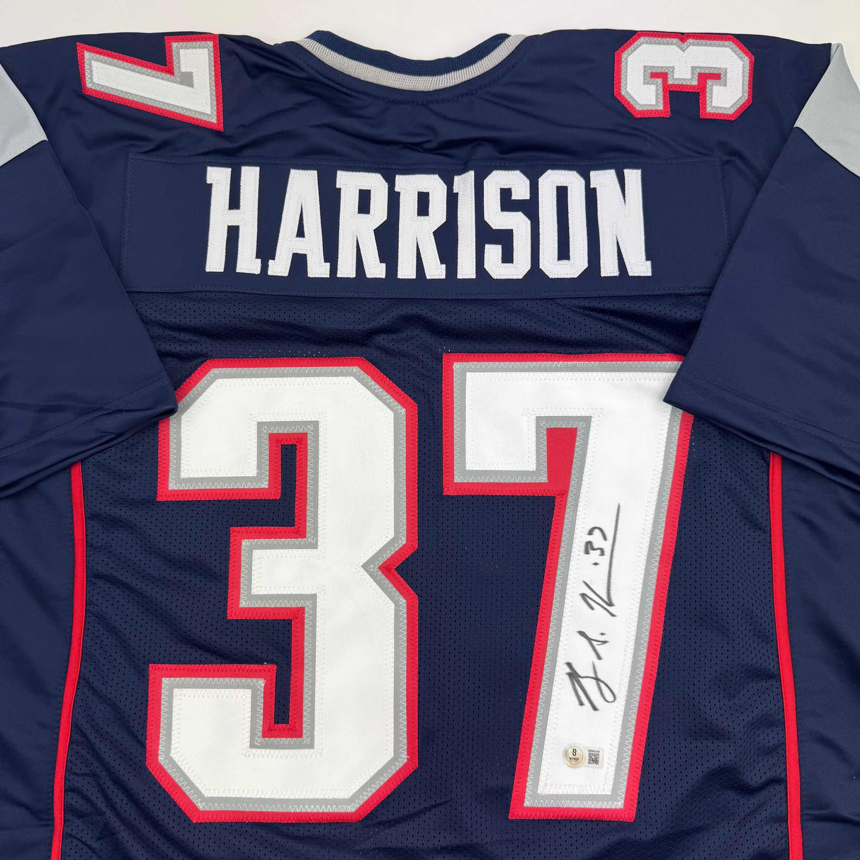 Camiseta de fútbol azul de Nueva Inglaterra autografiada/firmada por Rodney Harrison Beckett BAS COA