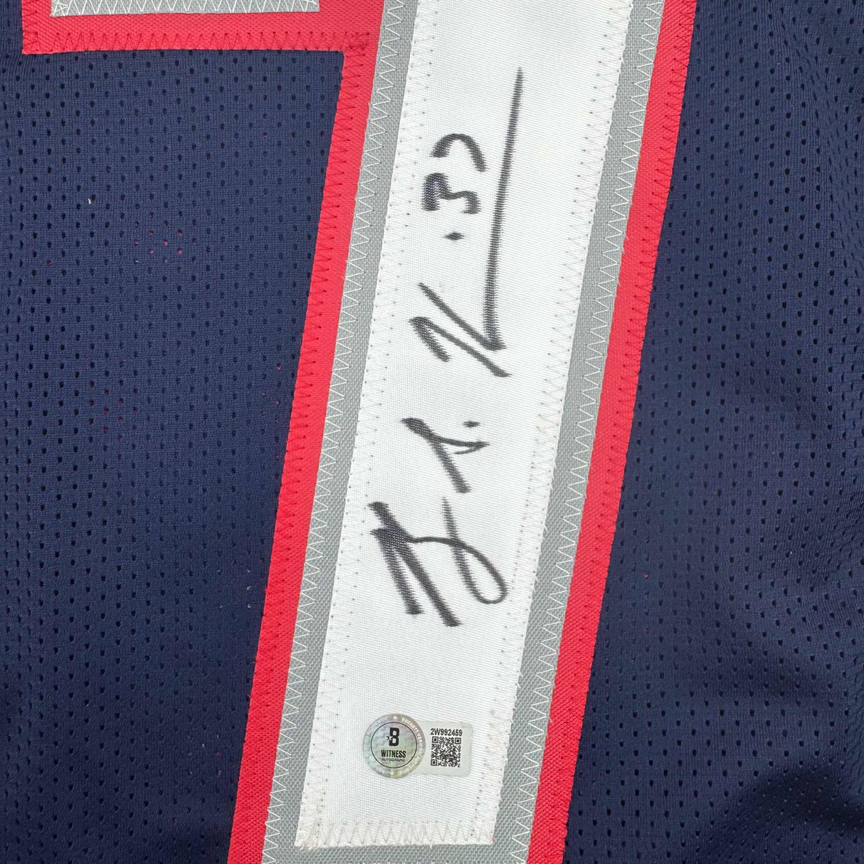Camiseta de fútbol azul de Nueva Inglaterra autografiada/firmada por Rodney Harrison Beckett BAS COA