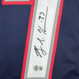 Camiseta de fútbol azul de Nueva Inglaterra autografiada/firmada por Rodney Harrison Beckett BAS COA