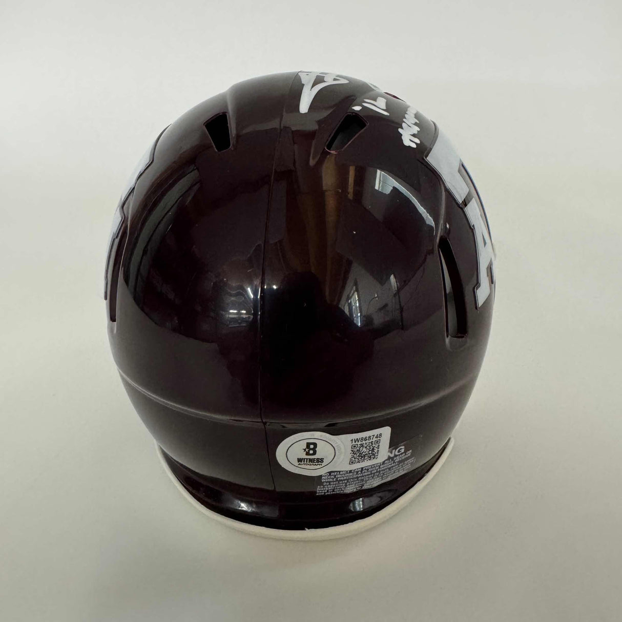 Mini casco de fútbol americano universitario autografiado/firmado por Johnny Manziel 12 Heisman Texas A&amp;M Aggies Beckett BAS COA