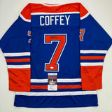 Camiseta de hockey azul Edmonton autografiada/firmada de Paul Coffey JSA COA