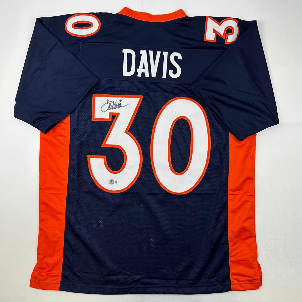 Camiseta de fútbol azul de Denver autografiada/firmada de Terrell Davis Beckett BAS COA