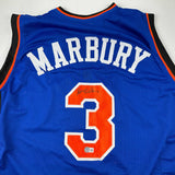 Autographed/Signed Stephon Marbury New York Blue Basketball Jersey Beckett BAS COA
