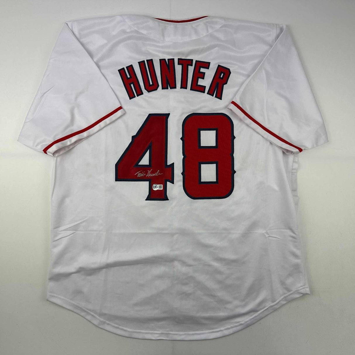 Camiseta de béisbol blanca de Anaheim de Los Ángeles, autografiada y firmada por Torii Hunter Beckett BAS COA