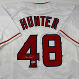 Camiseta de béisbol blanca de Anaheim de Los Ángeles, autografiada y firmada por Torii Hunter Beckett BAS COA
