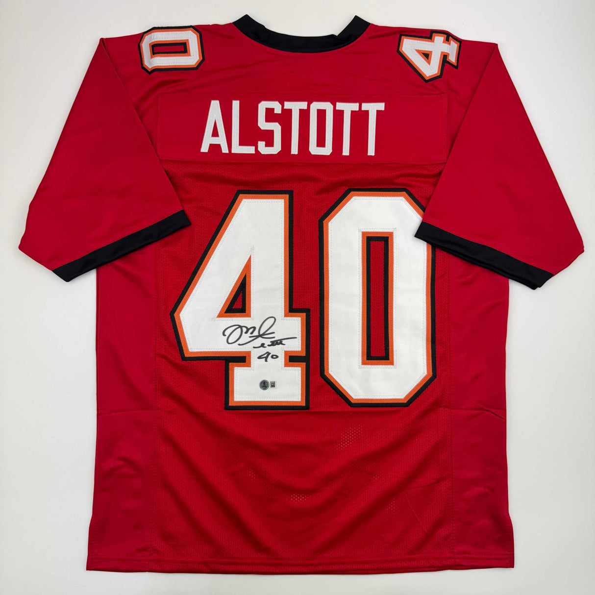 Camiseta de fútbol roja de Tampa Bay autografiada/firmada por Mike Alstott Beckett BAS COA