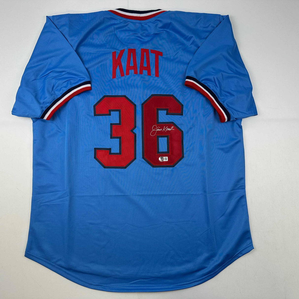 Camiseta de béisbol azul claro de Minnesota de Jim Kaat autografiada/firmada Beckett BAS COA