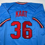 Camiseta de béisbol azul claro de Minnesota de Jim Kaat autografiada/firmada Beckett BAS COA