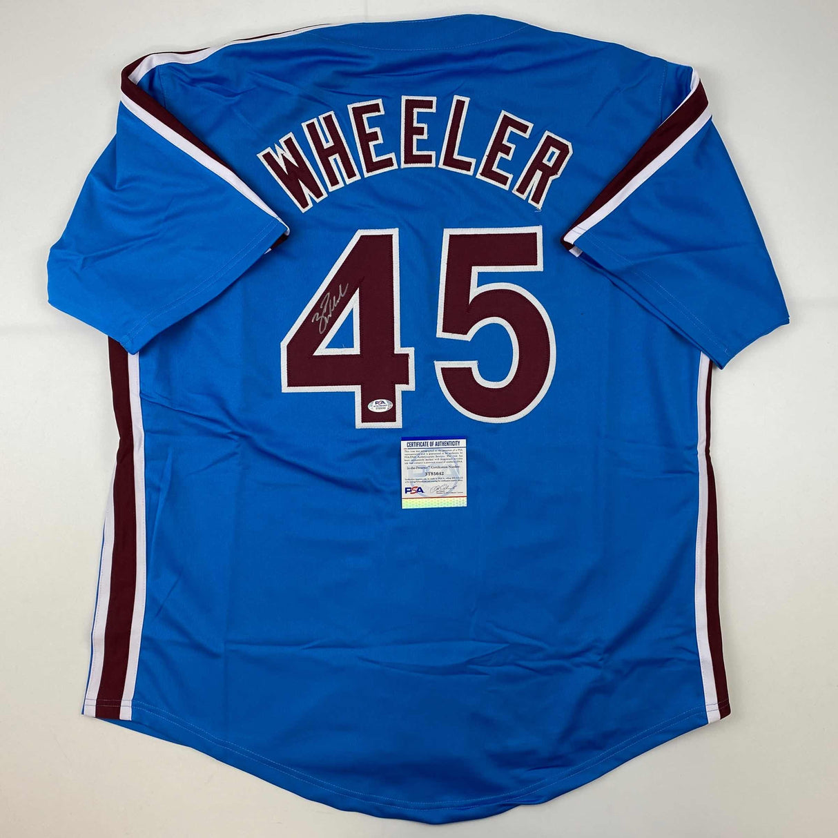Camiseta de béisbol retro azul de Filadelfia de Zack Wheeler autografiada y firmada. PSA/Certificado de ADN.