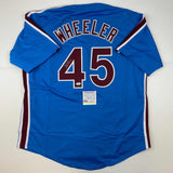 Camiseta de béisbol retro azul de Filadelfia de Zack Wheeler autografiada y firmada. PSA/Certificado de ADN.