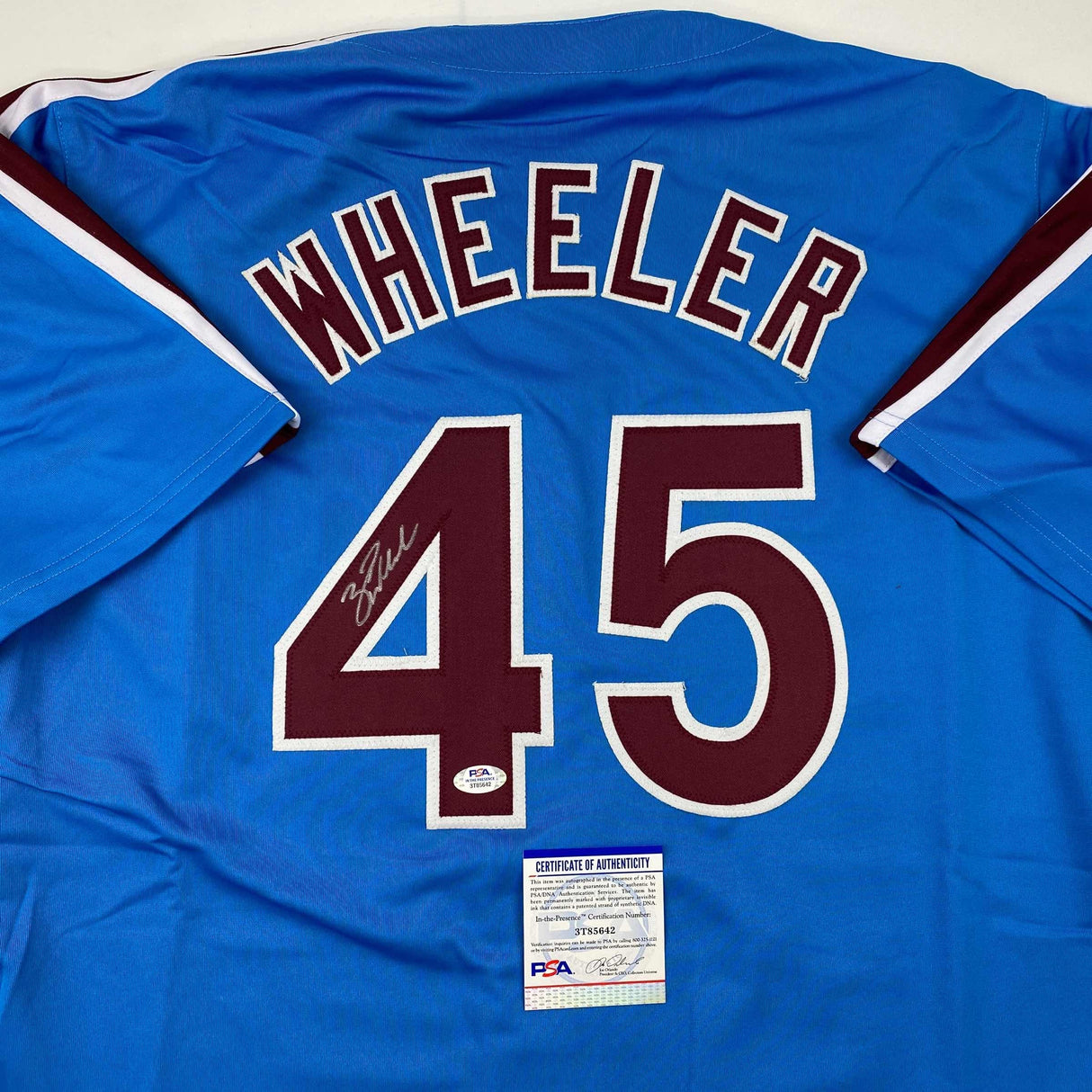 Camiseta de béisbol retro azul de Filadelfia de Zack Wheeler autografiada y firmada. PSA/Certificado de ADN.