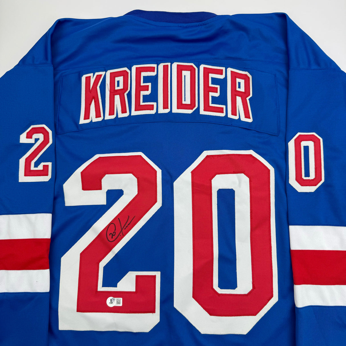 Camiseta de hockey azul de Nueva York autografiada/firmada de Chris Kreider Beckett BAS COA
