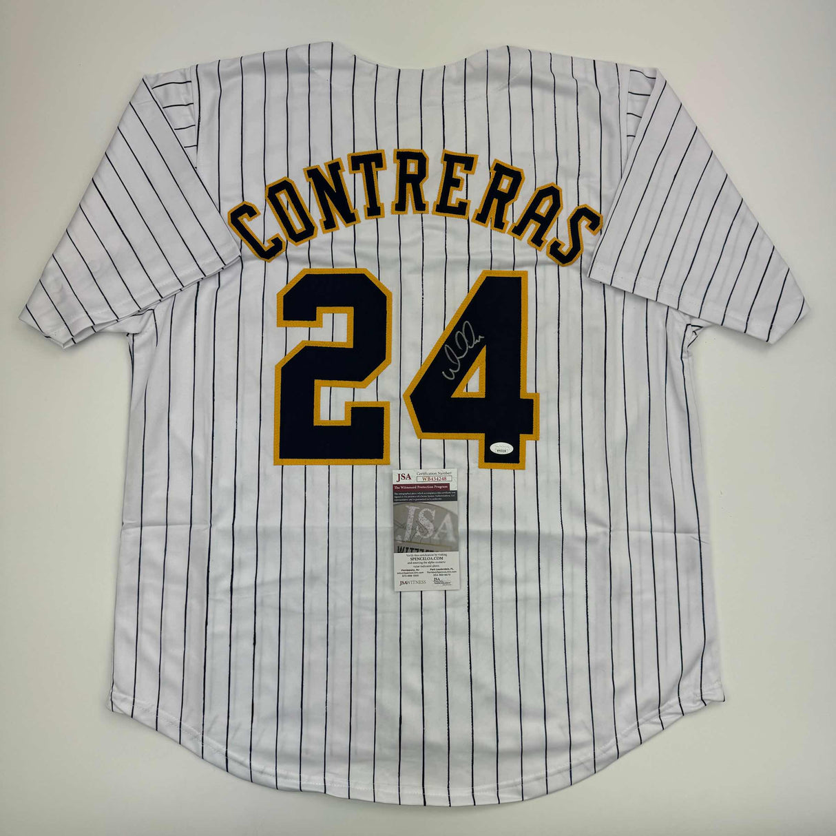 Camiseta de béisbol a rayas de William Contreras Milwaukee autografiada/firmada JSA COA